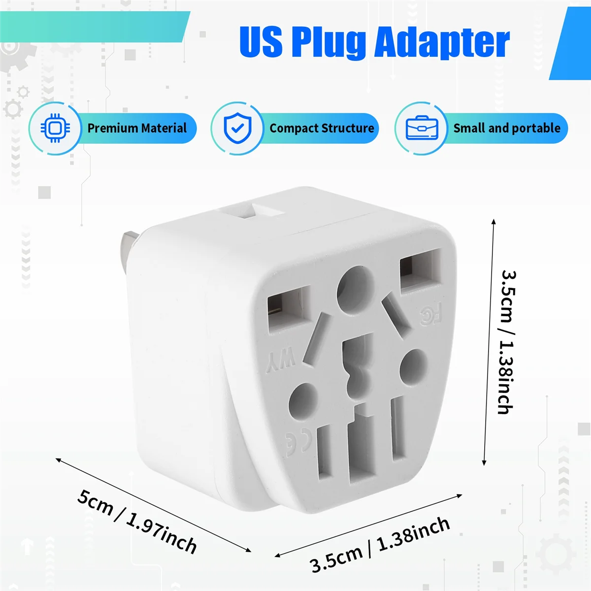 AT77 US Travel Plug Adapter EU/UK/AU/In/CN/JP/Asia/Italy/Brazil to USA (Type B), 3 Prong USA Plug, Charger Converter White