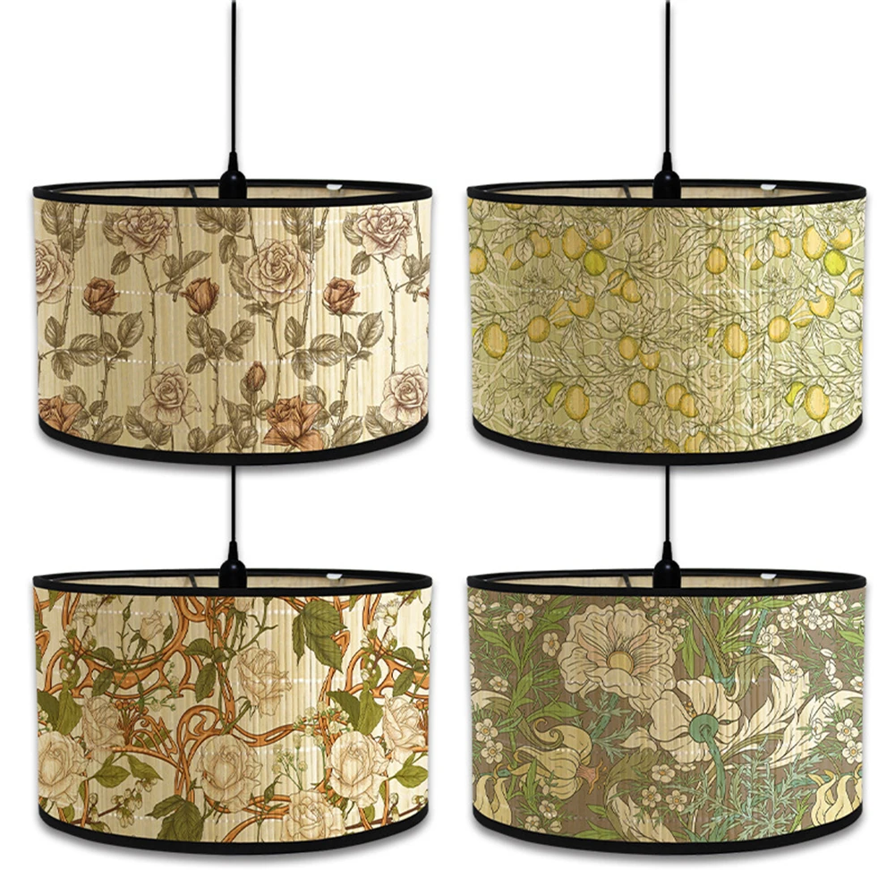 Japanese Style Greenery Patterned Lampshade Handmade Bamboo Lampshade Vintage Pendant Chandelier Floor Retro Hangable Lamps Wall