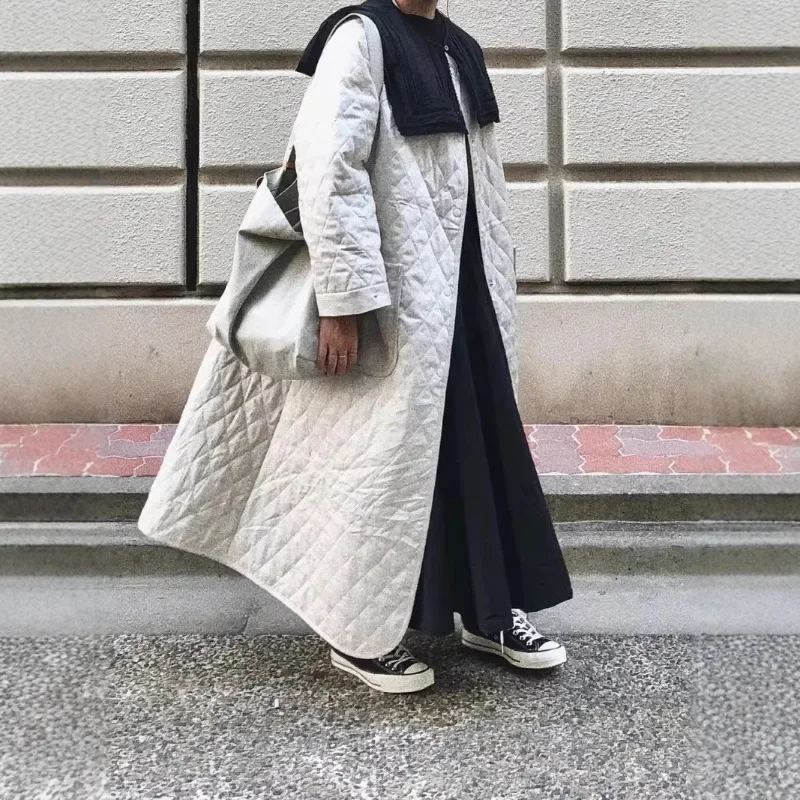 Lightweight Quilted Long Cotton Coat Women's Autumn Winter Thickened Warm Coat Retro Round Neck Single Breasted Women Clothing