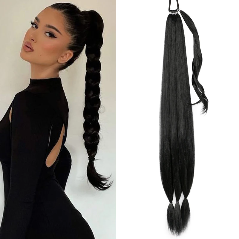 

Synthetic Braided Ponytail Extensions Black Natural Hairpiece Long Pony Tail with Hair Tie Rubber Band Hair Blonde for Women