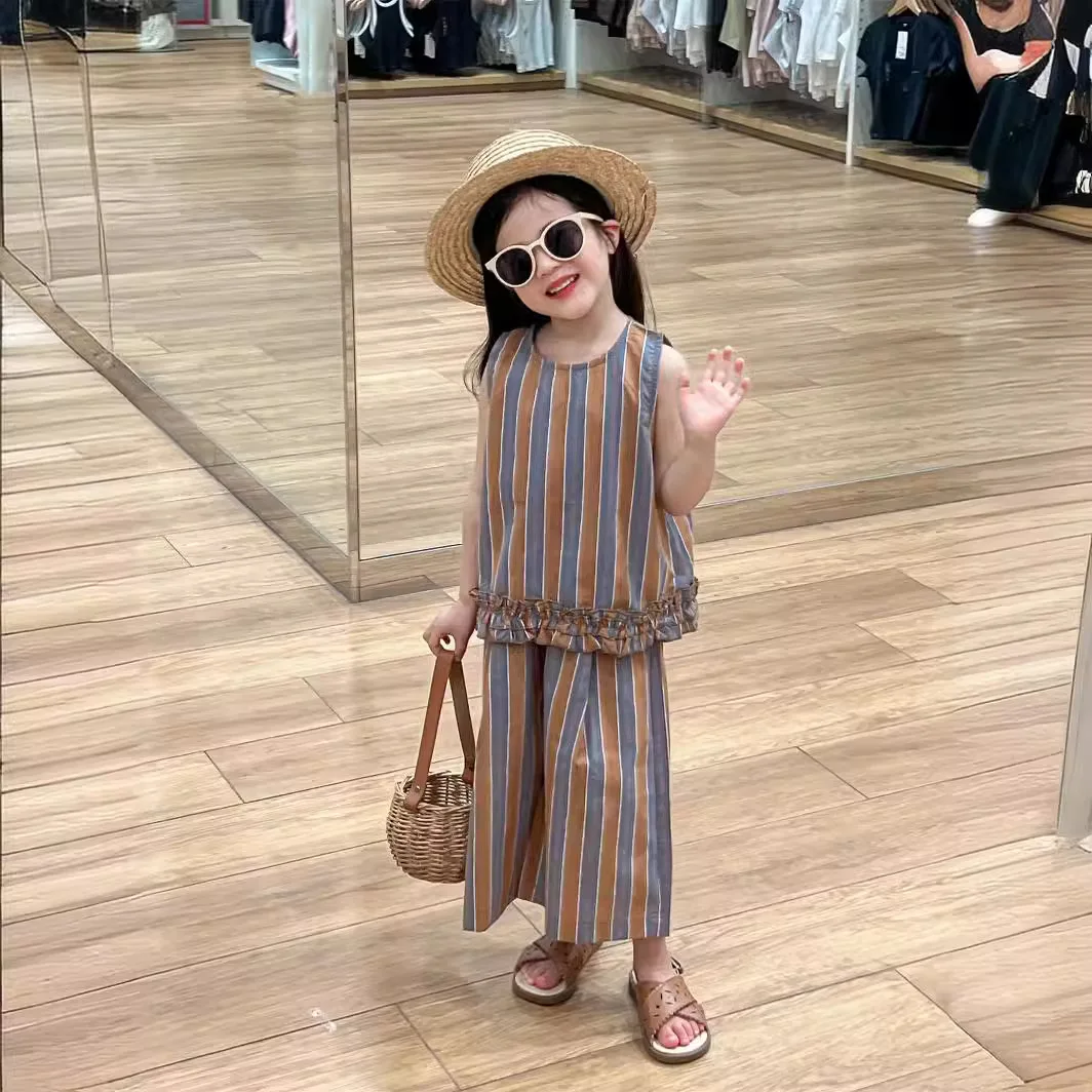 

Children Clothes Set 2024 Summer French Girls Vertical Striped Sleeveless Vest Wooden Ears Edge Loose Wide-leg Pants 2-piece Set