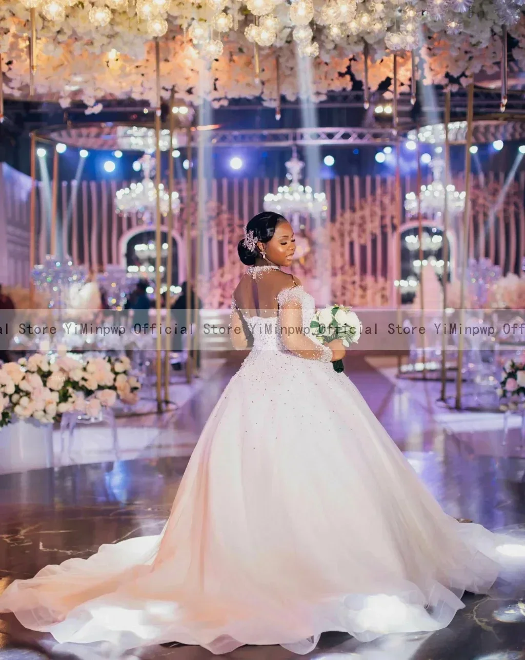 Aangepaste Glanzend Kralen Parels Arabische Aso Ebi Trouwjurk Lange Mouwen Vestidos De Novia Corset Terug A-lijn Bruidsjurken