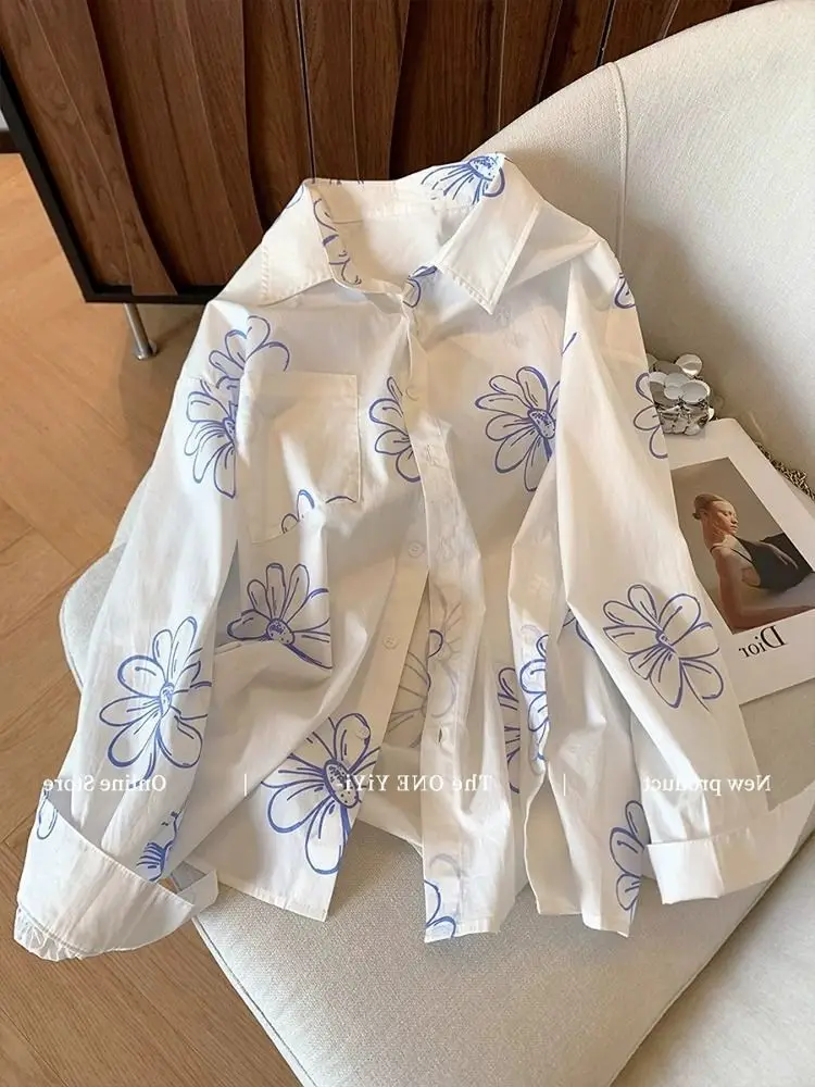 

Gagaok Korean Style White Shirt 2025 Summer Floral Printed Turn-down Collar Long Sleeve Top Casual All Match Camisa Feminina