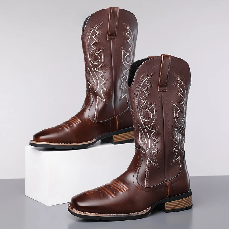 Men's Boots Classic Square Head Embroidery Western Cowboy Boots Fashion Motorcycle Boots for Men Knight Boot Botas Para Hombre
