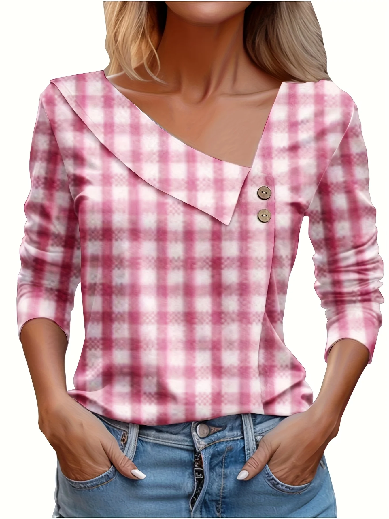 Fashion Plaid Print 2025 Autumn V-neck T Shirt Women With Buttons Casual Harajuku Office Pullover Spring Blouse Top Tees