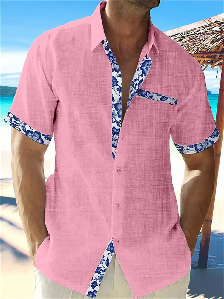 2025 New Summer Men's Hawaiian Linen Shirt Men's Casual Linen 3D Printed Beach Pocket Short Sleeve Plus Size Top Fast Shipping.