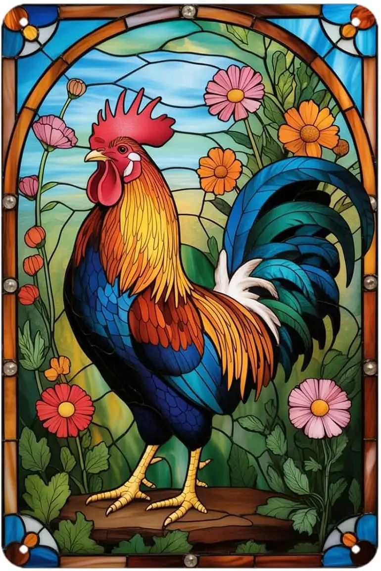 Colorful Rooster Stained Glass Style Tin Sign Farmhouse Chicken Floral Vintage Metal Signs Wall Decor for Kitchen Bar Cafe Bedro