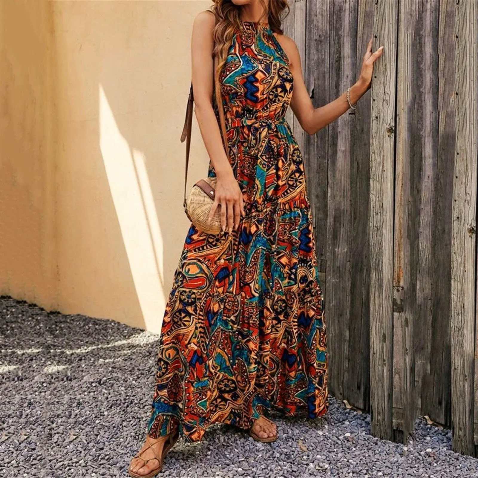 

Women Summer Dresses Maxi Dresses Boho Long Dresses Halterneck Sleeveless Print Elegant Long Dress Fashion Slim High Waist Dress