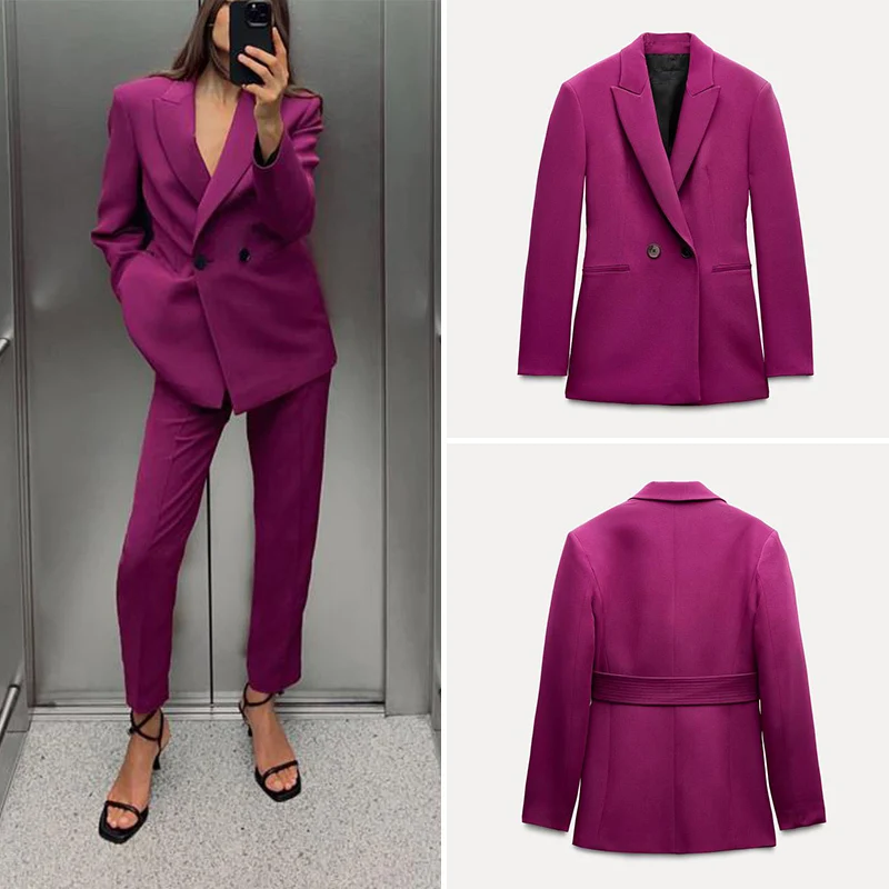 

Autumn 2024 Women's Double-Breasted Suit Jaet Decorative Stitching Pants Polyester Fiber Long Sve Long Pants Work orm