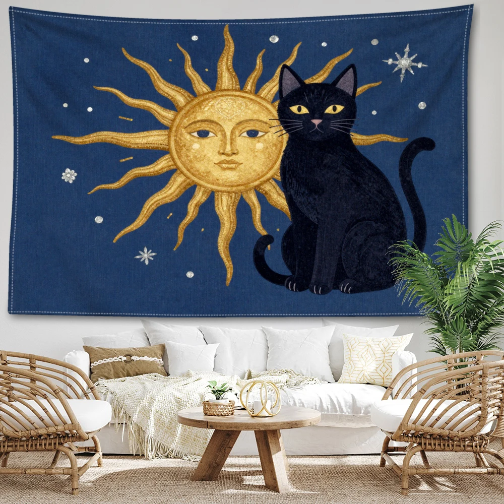 Navy Blue Sun Face Black Cat Star Rays Wall Tapestry, Mystic Boho Decor