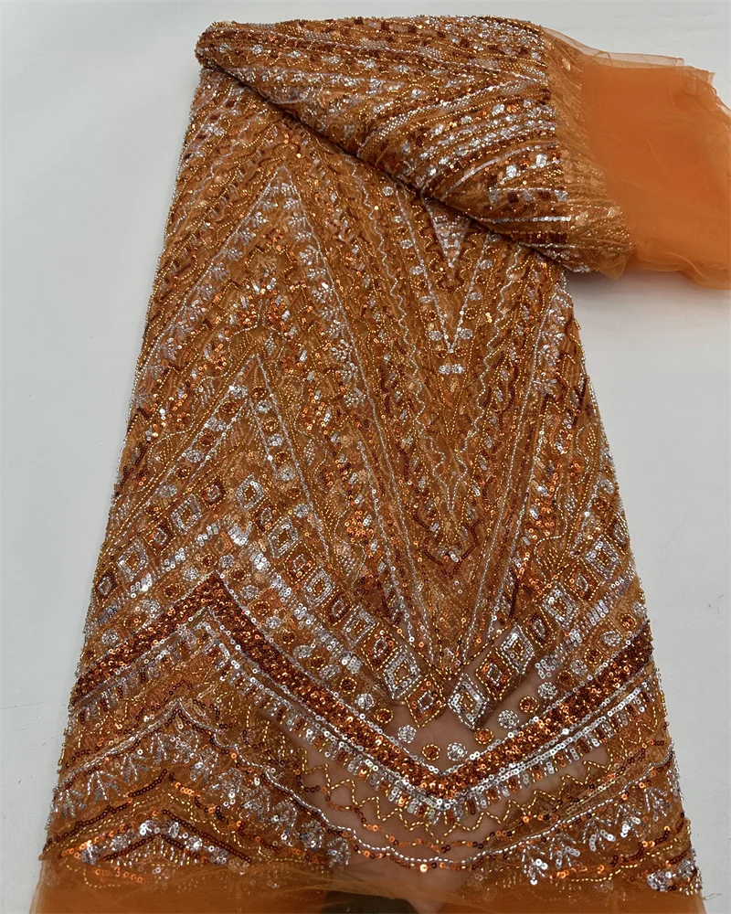High Quality African Mesh Lace Fabric 2025 French Sequins Lace Sewing Embroidered Lace Tulle Beads Nigerian Lace Fabric
