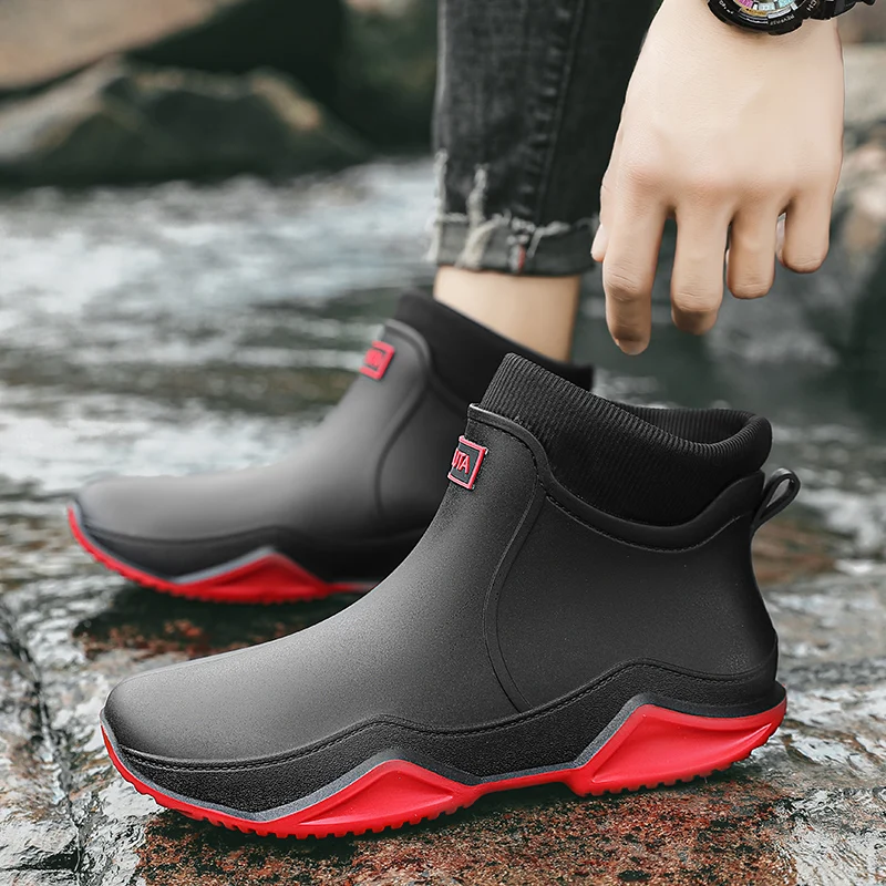 Men's casual cotton rain boots winter light waterproof non-slip outdoor wading fishing water shoes warm plush car wash rain shoe