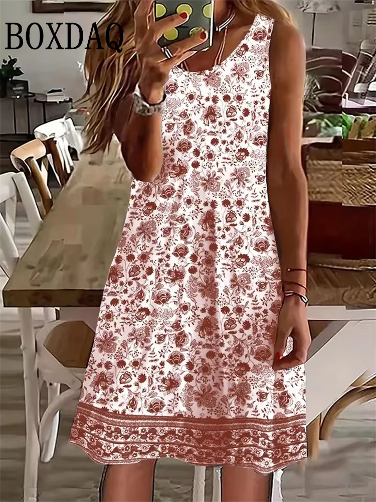 2025 Women's Casual Sleeveless Dresses Summer Beach Style Short Dresses Flowers Printed Loose Vest Dresses Women's Sundress