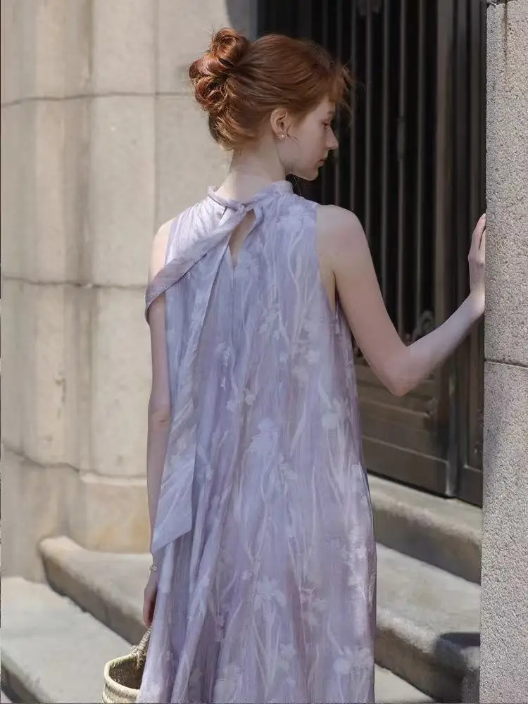 Vestido Feminino Elegante Roxo de Seda Natural de Amoreira, Modelo Longo, Casual de Verão, Gola Redonda e Sem Mangas, para Indústria Pesada