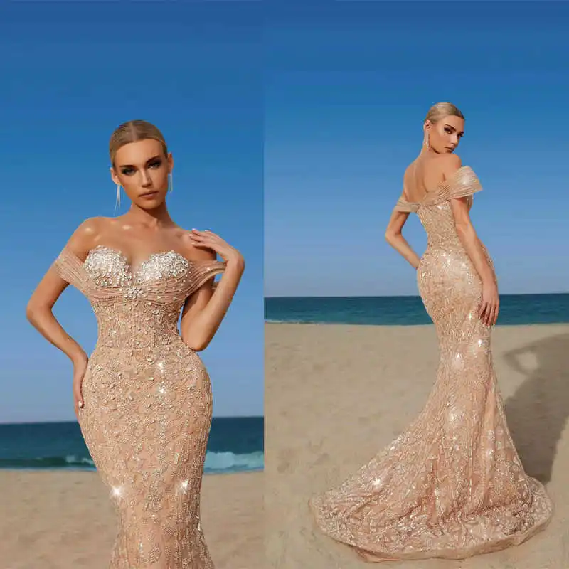 

Sparky Customized Evening Dresses Off Shoulder Sleeveless Mermaid Prom Party Crystal Beadeds Special Occasion Dresses