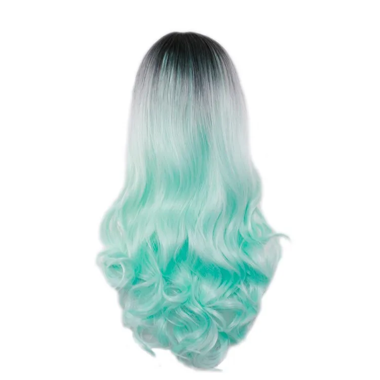 باروكات شعر صناعية طبيعية بطول 26 بوصة، شعر مستعار طويل مموج مقاوم للحرارة، أخضر متدرج