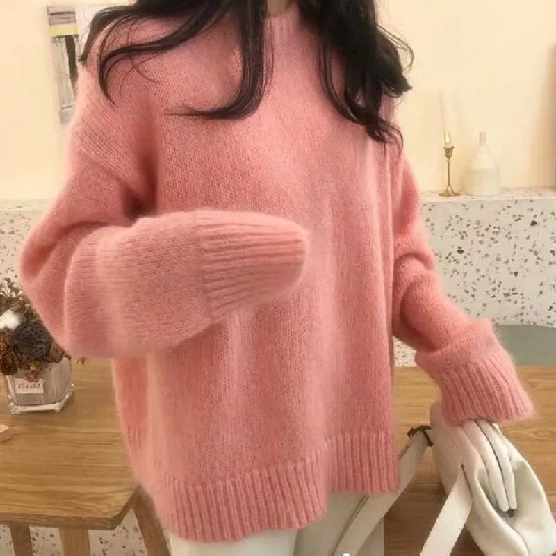 

Elegant Imitation Mohair Pullover Sweater for Women Loose Lazy Style Round Neck Soft Girl Sweet Style Autumn Winter Sweater