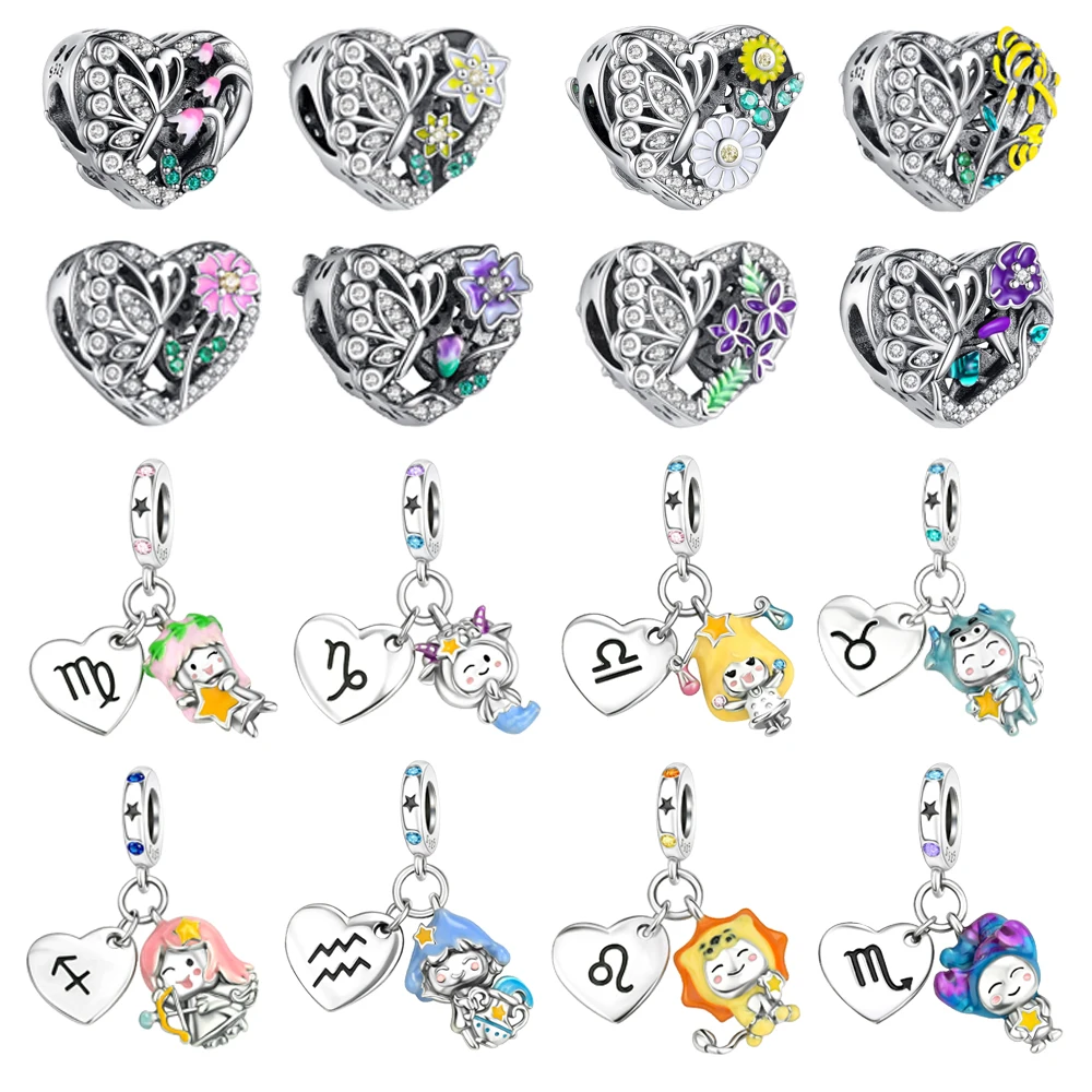 

925 Sterling Silver Purple Flowers Heart Shape Beads & Leo Dangle Charm Fits Bracelet Exquisite Necklace Women's Jewelry Gifts