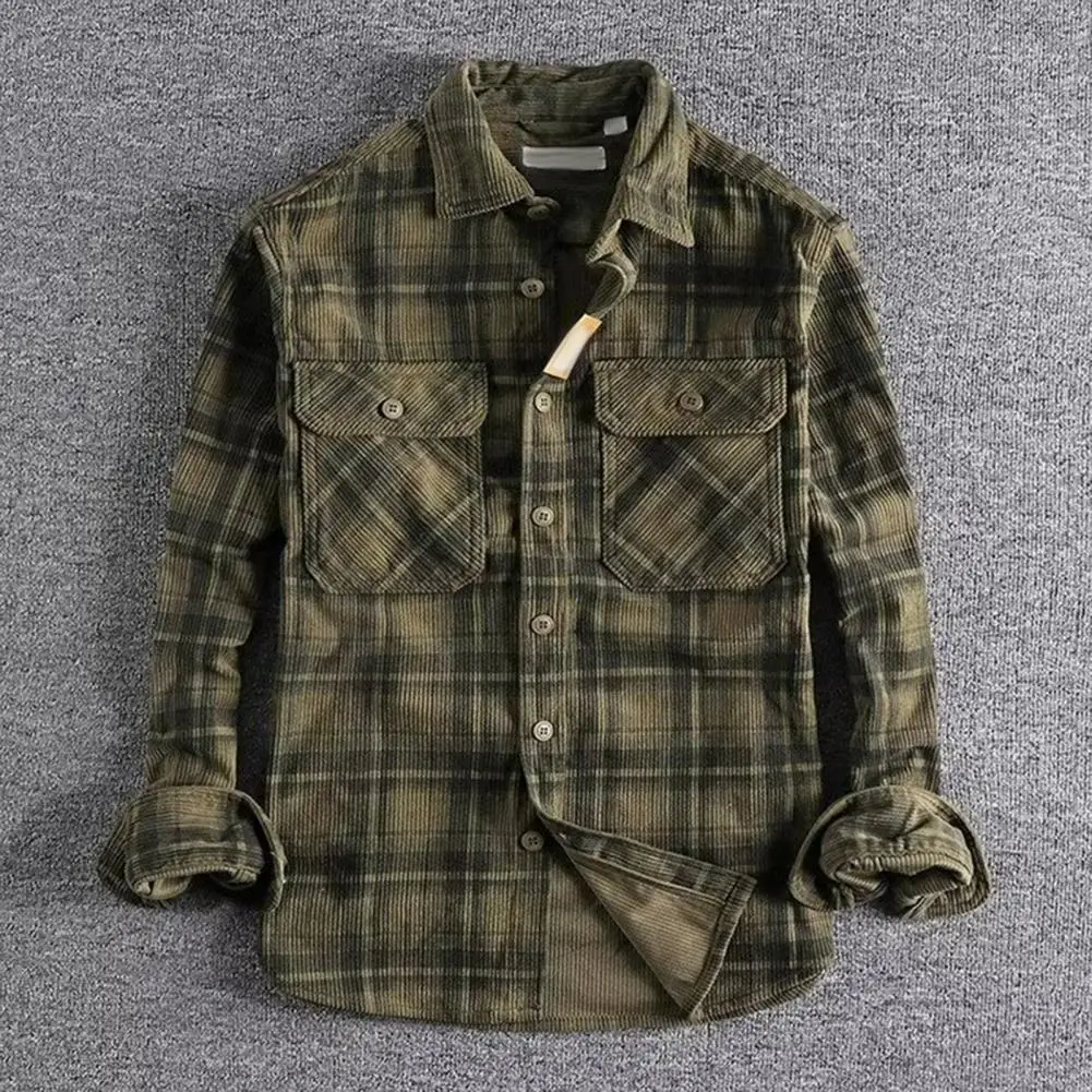 Camisa masculina cáqui xadrez impressão único breasted mangas compridas retro com bolsos no peito comprimento médio cardigan topo primavera outono carga topos
