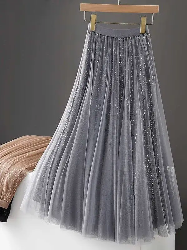 

Женская юбка-миди А-силуэта с эластичным поясом, плиссированная, с пайетками, весна-осень, новая модель, для девочек