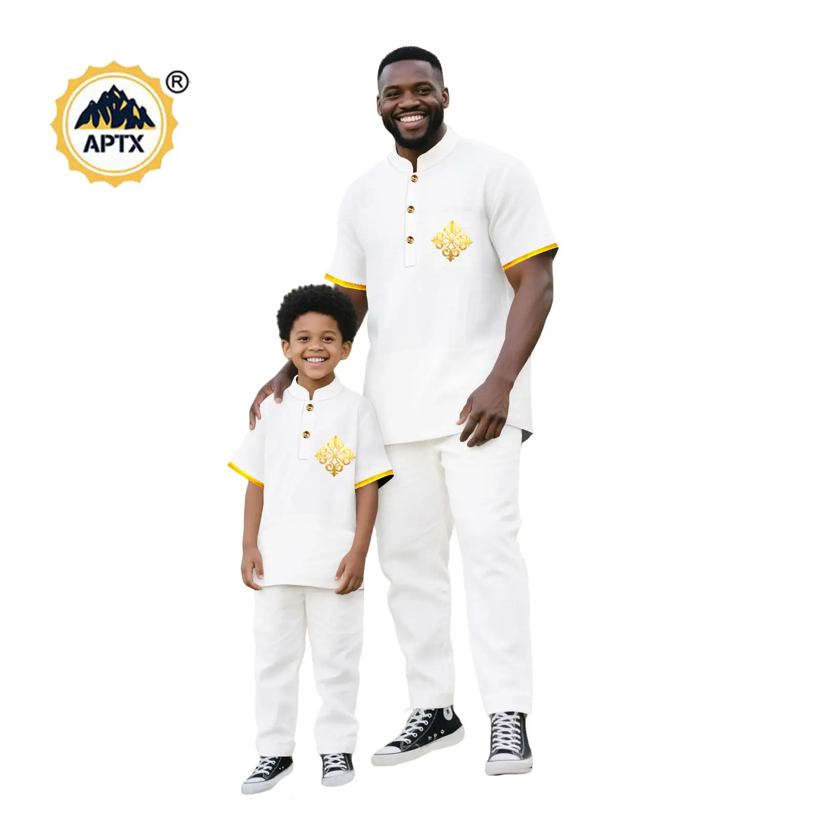 African Family Clothes Bazin Riche Father and Son Suit Applique Top and Pant Sets Dashiki Men Outfits 2 Pieces Sets 25F023