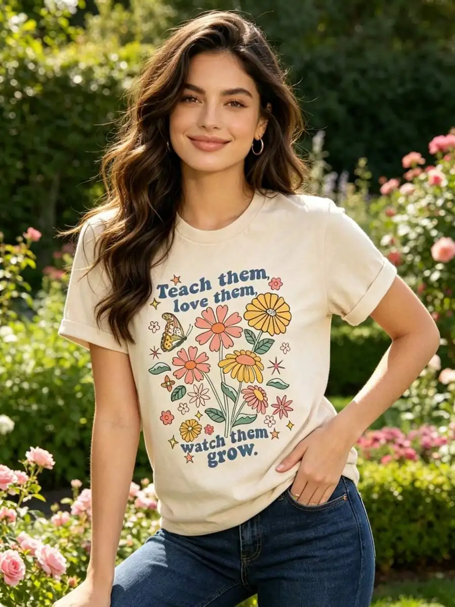 Women Graphic T‑Shirt Teach Them To Look At Their Growth Quote Print Crew Neck Short Sleeve Elegant Breathable Cool Summer Casual Teacher Gift Everyday Outfit Tee