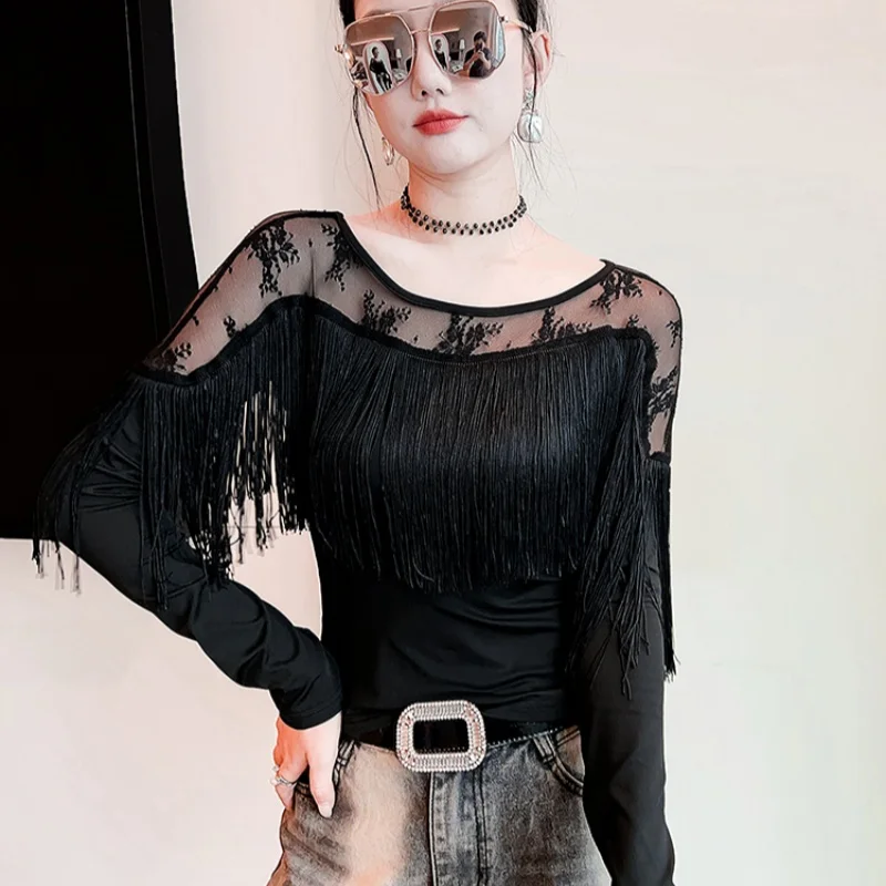 Fashion Tassel Splicing Round Neck Streetwear T-shirt For Women Spring Autumn New Sexy Sheer Long Sleeve Slim Fit Tops