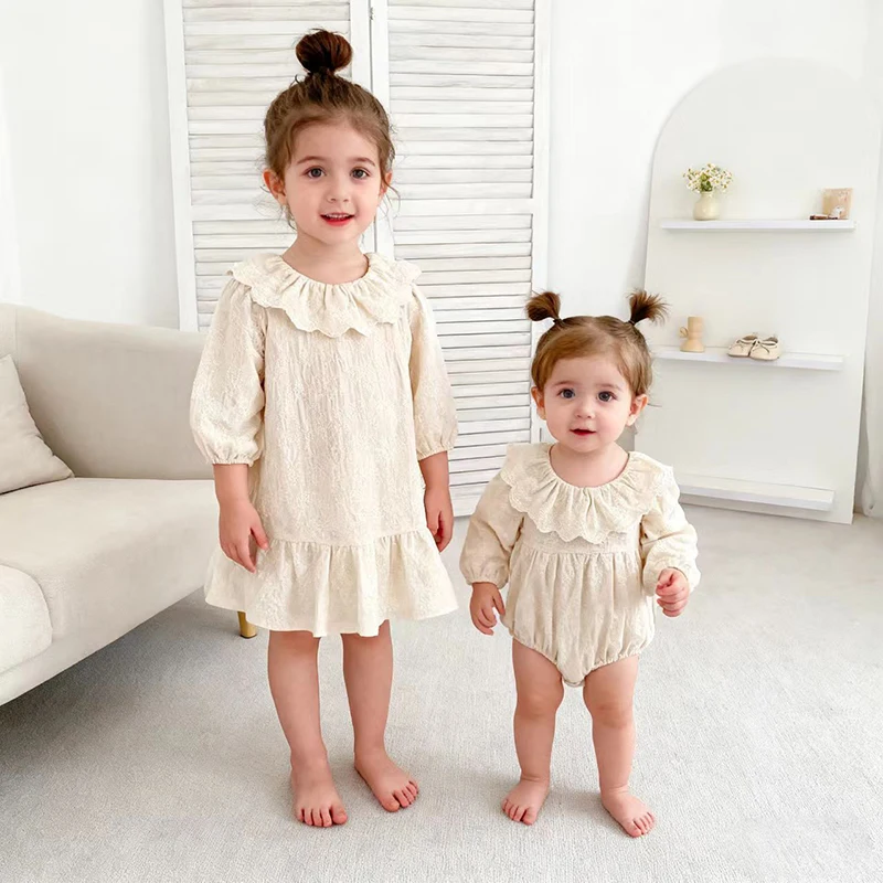 2023 neue Baby Mädchen Party Schwestern Kleid Kind Prinzessin Kleid Herbst 0-6Y Lange Ärmel Einfarbig Kinder Kleidung Baby Mädchen strampler