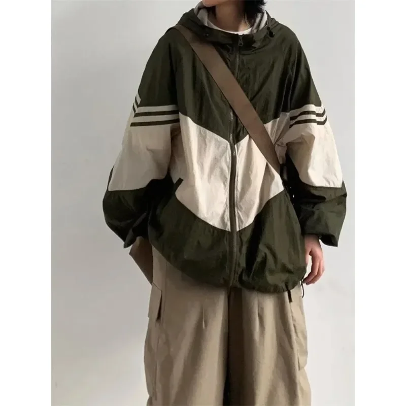 Women's Gorpcore Hooded Jacket, Japanese Style Vintage, Quick Dry Green Outerwear, Oversized Harajuku Retro Thin Brown Top, Y2K