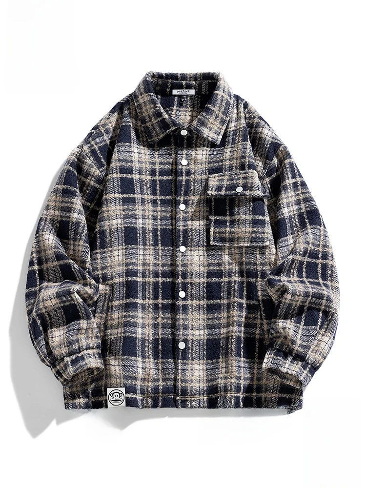 

PaulFrank Large Mouth Monkey Japanese Sle Plaid irt Jaet Men's Autumn New High Sensation Retro Collar Jaet Casual Wear