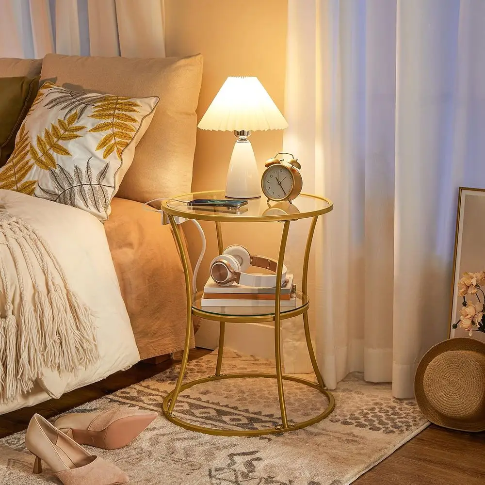 Round Coffee End Table with Charging Station, 2-Tier Small Accent Side Table with Glass Tabletop, Round Nightstand for Small Spa