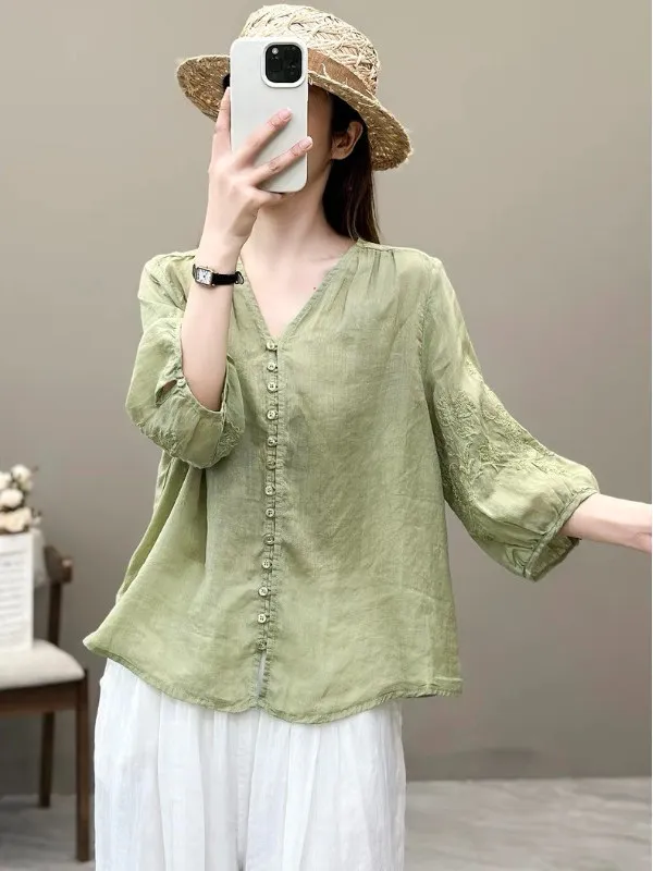 Ele ein Baumwoll-Leinen-gesticktes irt für Damen, Sommer, Übergröße, Bauch, kaschierend, schlankmachend, Seven Sve Damen irt