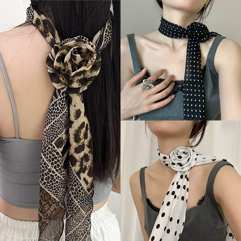 Elegant Leopard Print Silk Scarf Women DIY Tie Method Luxury Print Detachable Flower Headscarf Girls Fashion Ribbon Rose Scarf