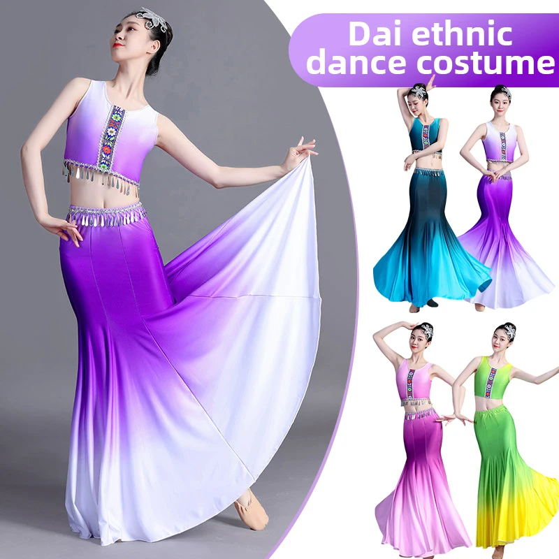 

Women Dai Ethnic Dance Dress Set Classical National Dance Stage Performance Costume Folk Peacock Dance Mermaid Fishtail Dress
