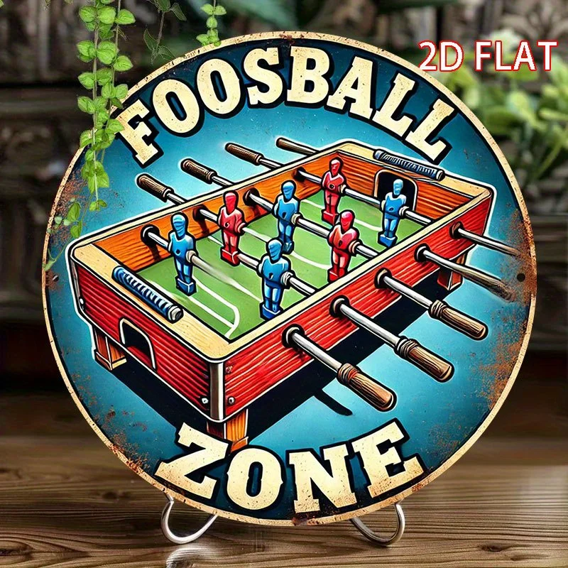 2D Flat, 1pc Vintage-Style Foosball Zone Metal Wall Art -  20x20cm Round Iron Sign with Red & White Team Colors, Classic Game
