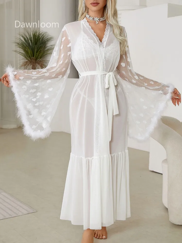 

White Heart Jacquard Tulle Feather-Trimmed Lace Flared-Sleeve Tie-Waist Long Robe for Women Luxury Sweet & Sexy Home Loungewear