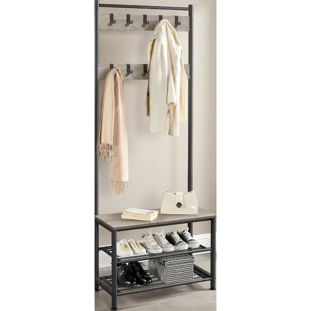 

Industrial Entryway Organizer with Shoe Bench, 9 Adjustable Hooks, Rustic Gray Hall Tree for Modern Homes
