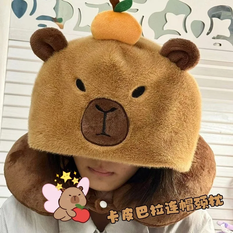

Милая U-образная подушка Rilakkuma Capybara с капюшоном, удобная подушка для сна, детская домашняя портативная плюшевая игрушка для дома и улицы