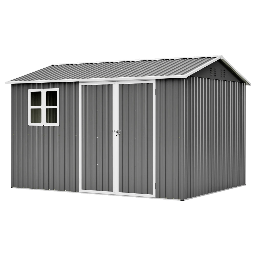 

10'x8' Oversized Steel Storage Shed with Window, Lockable Doors & Sloped Roof, Heavy Duty Outdoor Tool Shed for Garden, Patio, Backyard, Lawn - Dark Gray
