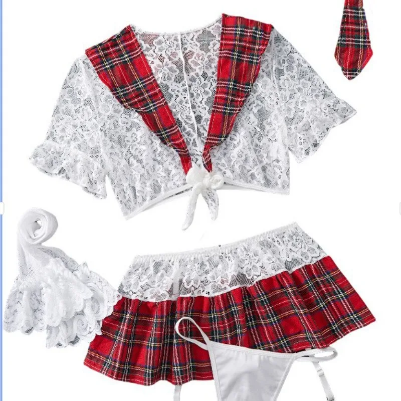 Cosplay Uniform Plaid Pleated Skirt Lingerie Multi-Piece Set