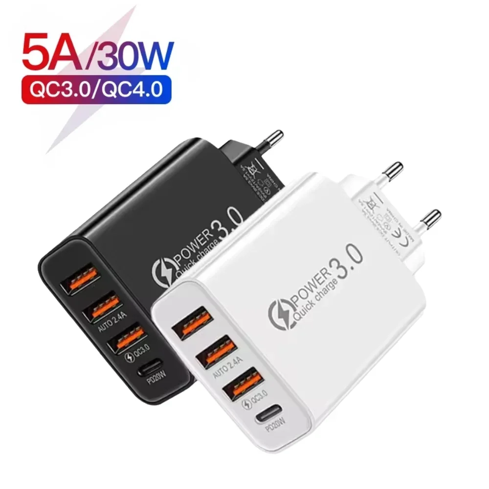 4 In 1 30W USB Type C Fast Charging Charger High Speed Charge Adapter For Samsung Huawei Xiaomi iPhone EU/US Plug Wall Charger