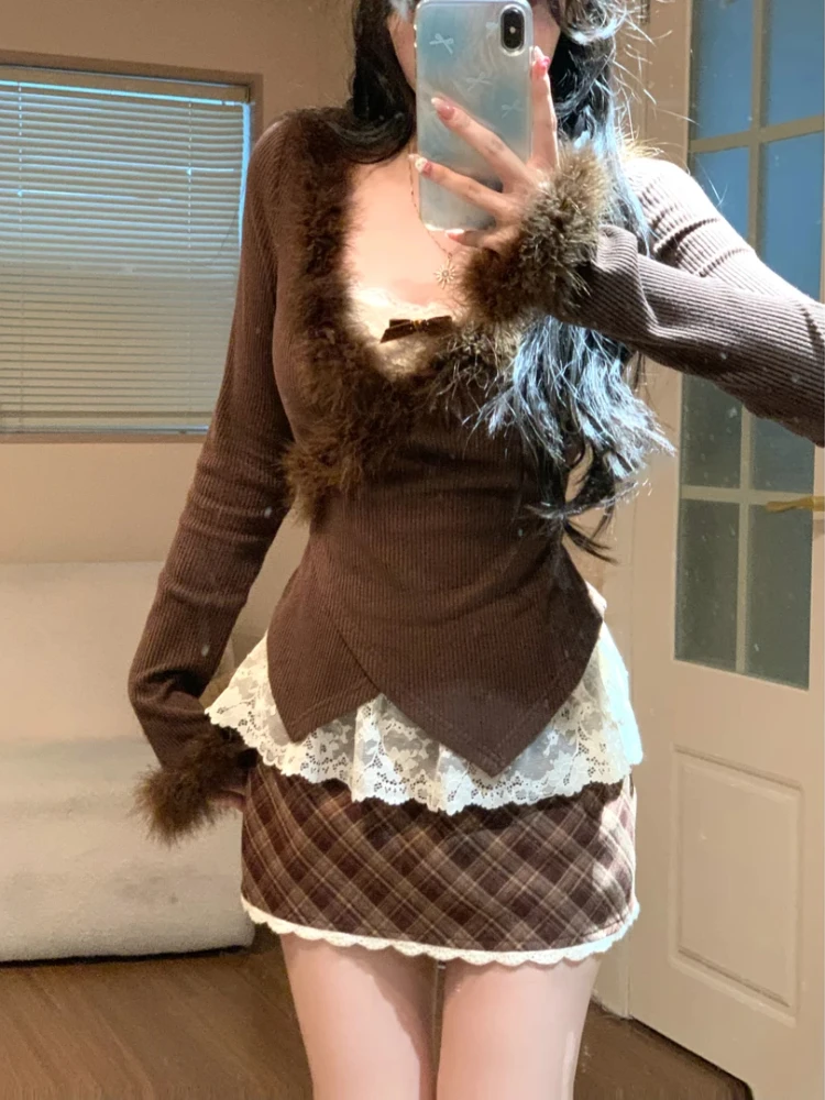 الخريف الحلو مثير Y2k الفرنسية تصميم دافئ 3 قطعة مجموعة الدانتيل الرسن القمم + الفراء طوق سترة منقوشة تنورة صغيرة شيك المرأة البدلة #2