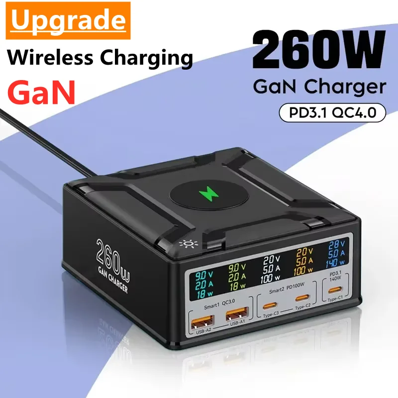 260W GaN USB C Charger Staion Wireless Charging PD 140W QC3.0 Type C Fast Quick Charger for iPhone Tablet Macbook Samsung Laptop