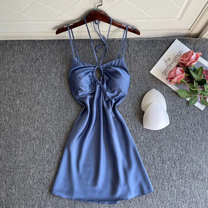 

Summer Backless Faux Silk Nightdress With Bra Women Sexy Hollow Out Suspender Nightgown Sleepwear Intimate Lingeri