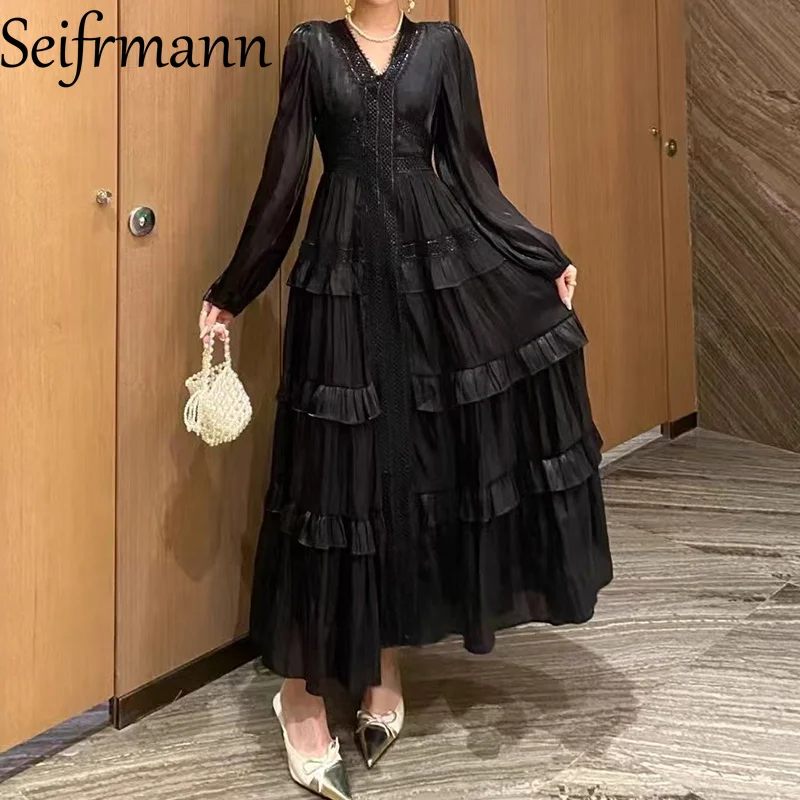 Vestido de noite Seifrmann, vestido feminino de verão 2025 de manga comprida com decote em V com fungo preto em camadas e bordado de renda