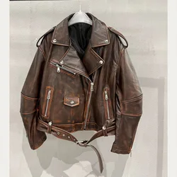 Blouson en cuir de mouton 100% véritable pour femme, vintage, avec fermeture éclair, pour moto et vélo, petit ami, automne-hiver, 2024