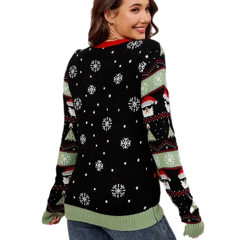 Alpaca Jacquard Round Neck Pullover Knitted Thick Sweater, Women\'s Autumn and Winter New Spell Color Loose Christmas Sweater