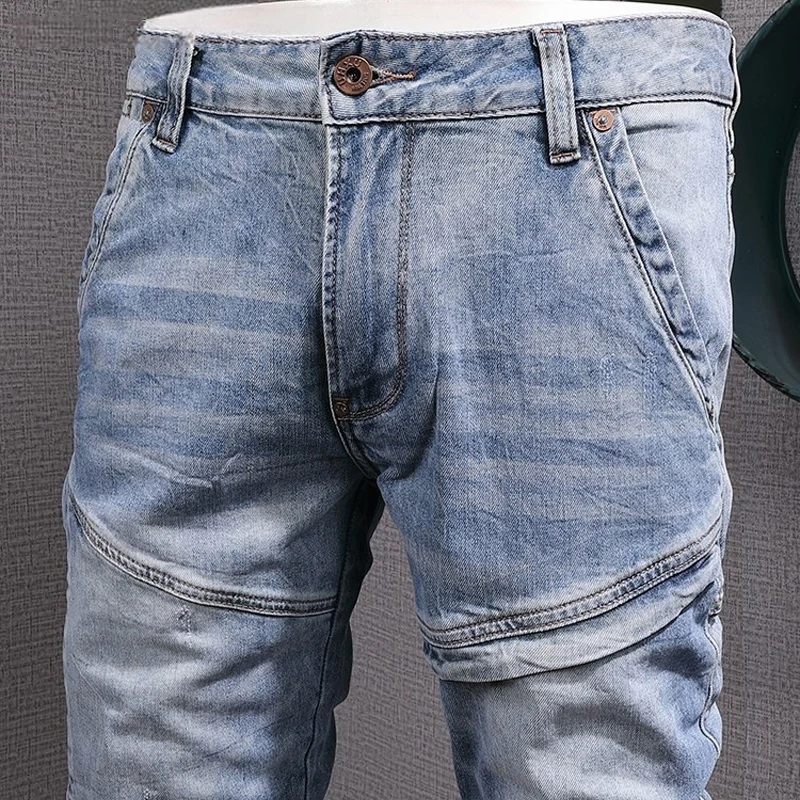 Street Fashion Men Jeans Retro Light Blue Stretch Slim Fit Biker Jeans High Quality Spliced Designer Hip Hop Denim Pants Men