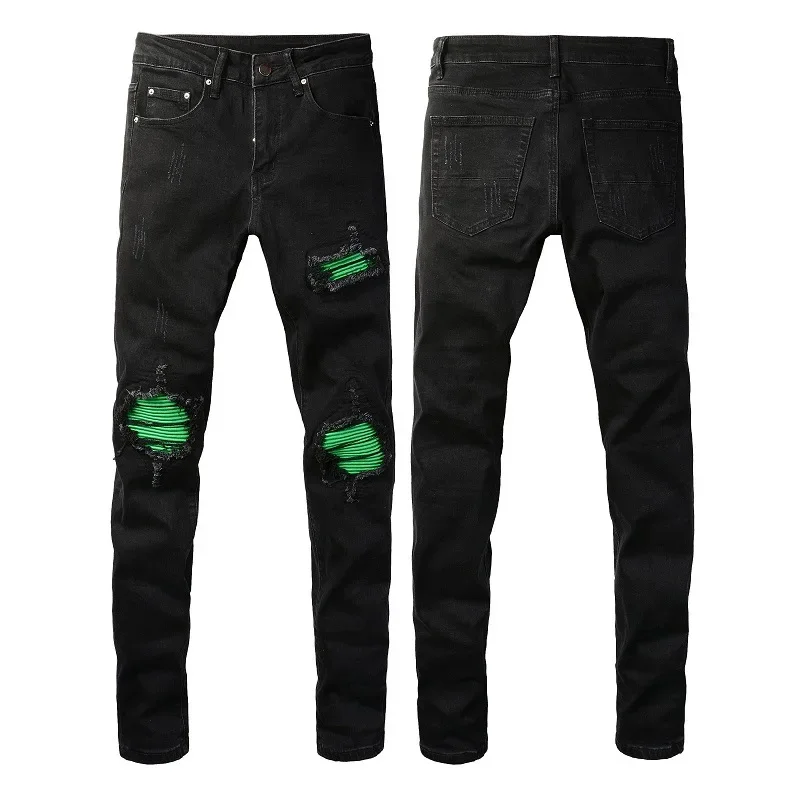 

American Street Style Men's Stretch Slim-fit Jeans with Green Patched, Ripped and Retro Look Achieved By Washing Process.