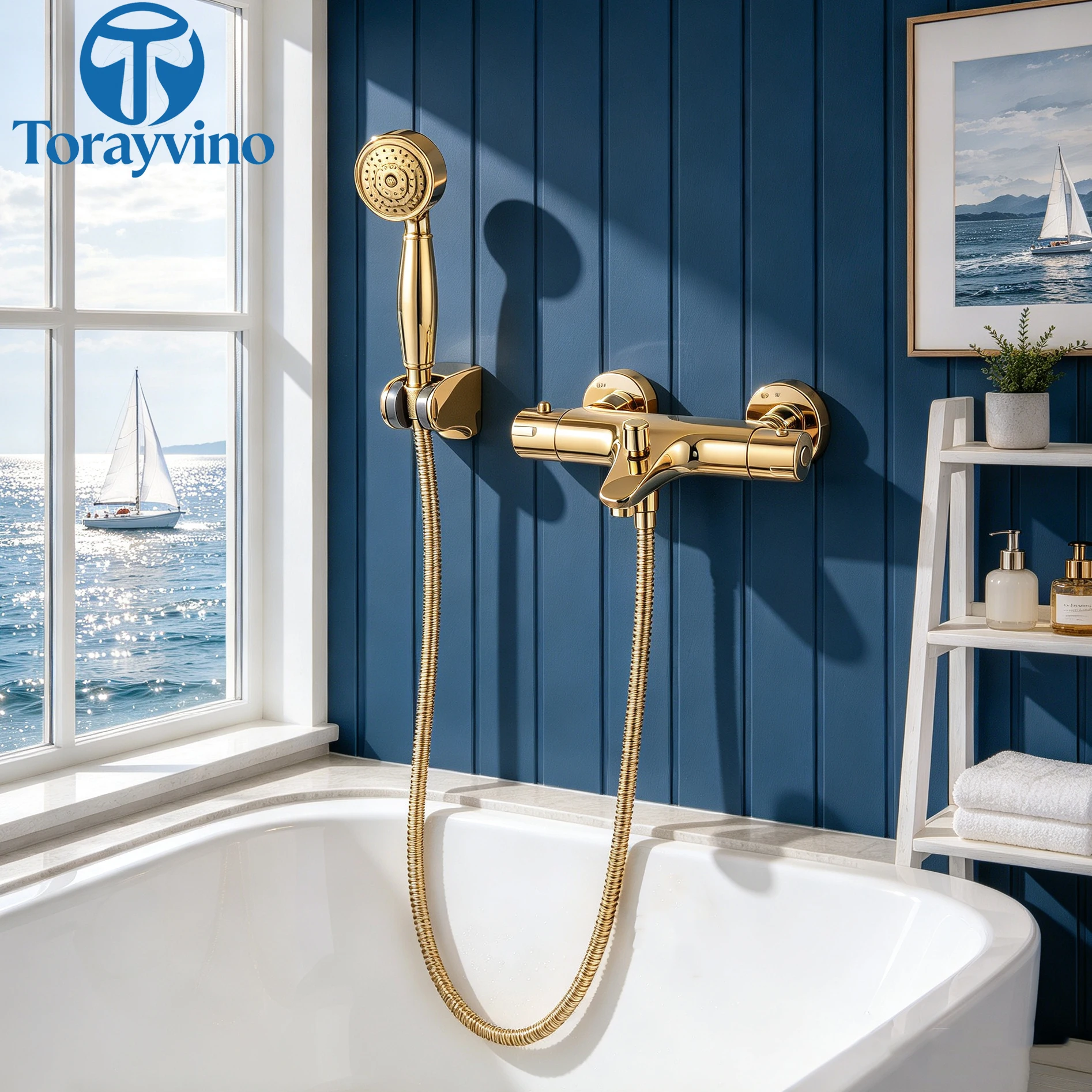 Torayvino Golden Thermostatic Bathroom Faucet Shower Handle Shower Combo Set Wall Mounted Bathtub Cold And Hot Mixer Water Tap